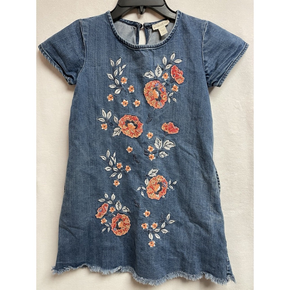 Garnet Hill Dress Girls Sz 8 Denim Embroidered‎ Floral Short Sleeve Raw Hem Boho